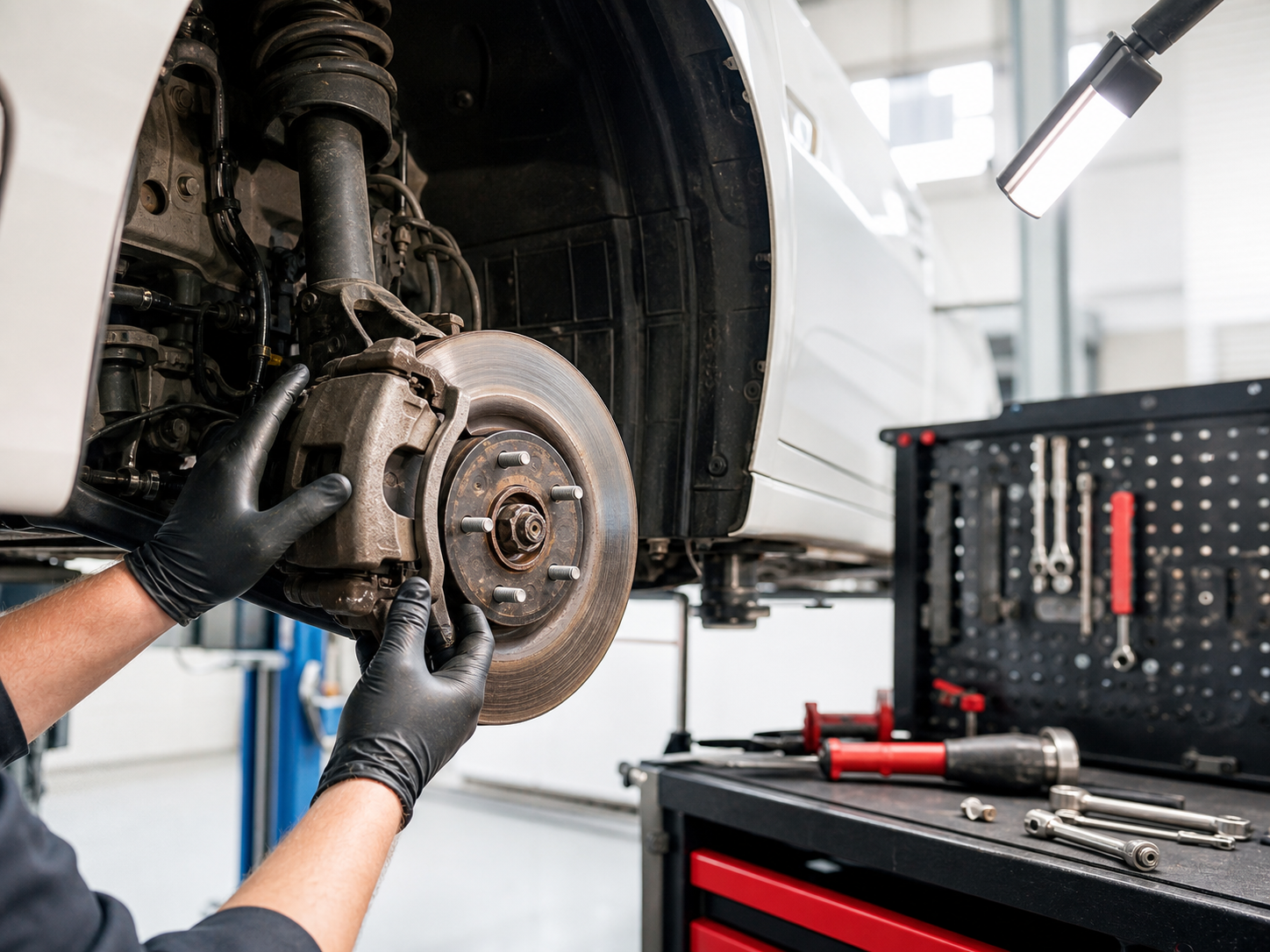 Generated placeholder image of a close vehicle brake and wheel inspection in a workshop.