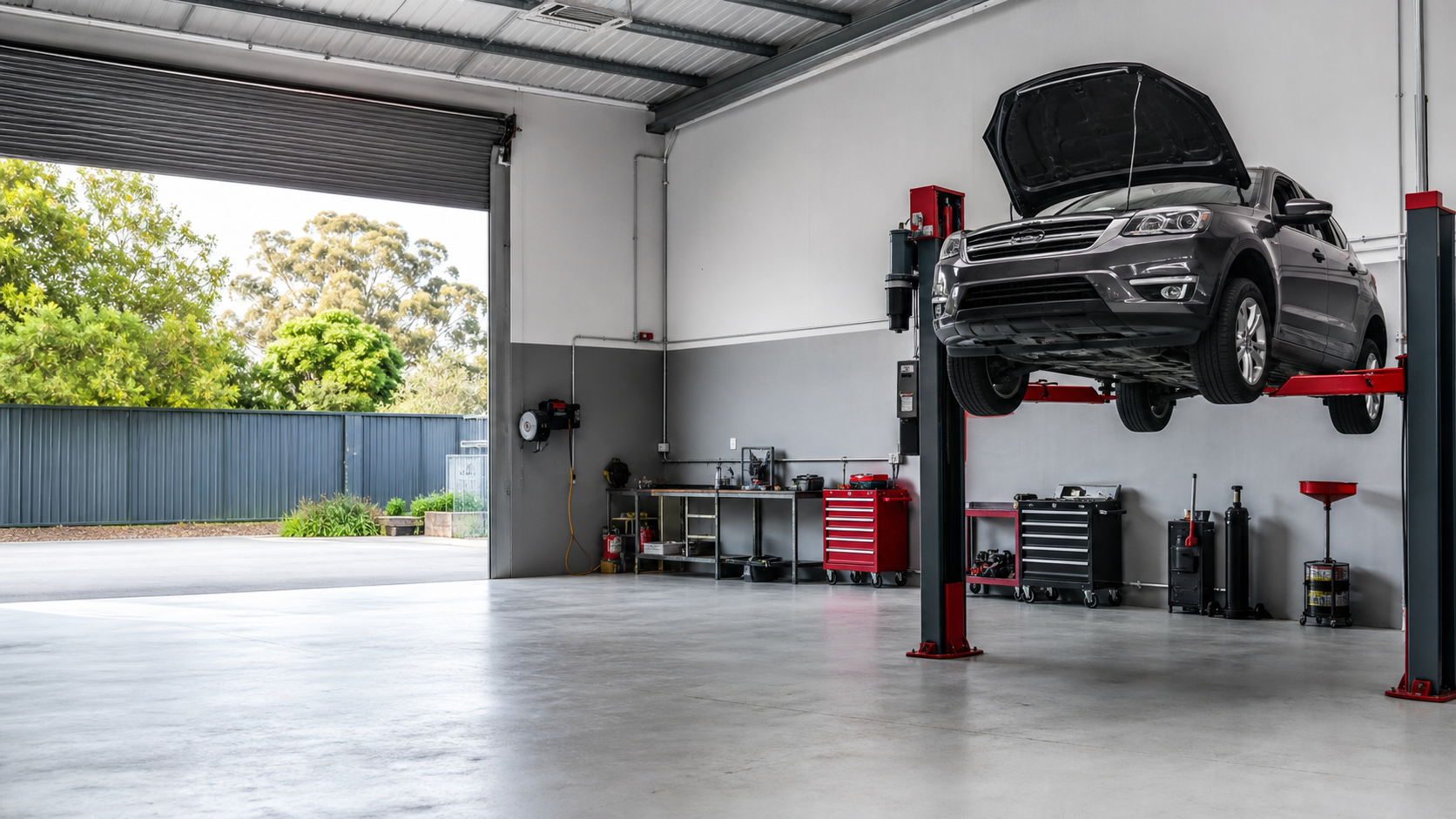 Generated placeholder image of a tidy automotive workshop bay with a vehicle on a hoist.